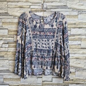​Nurture Blouse Women's Size M Blue  Boho Paisley Bell Sleeve Flowy Cottagecore